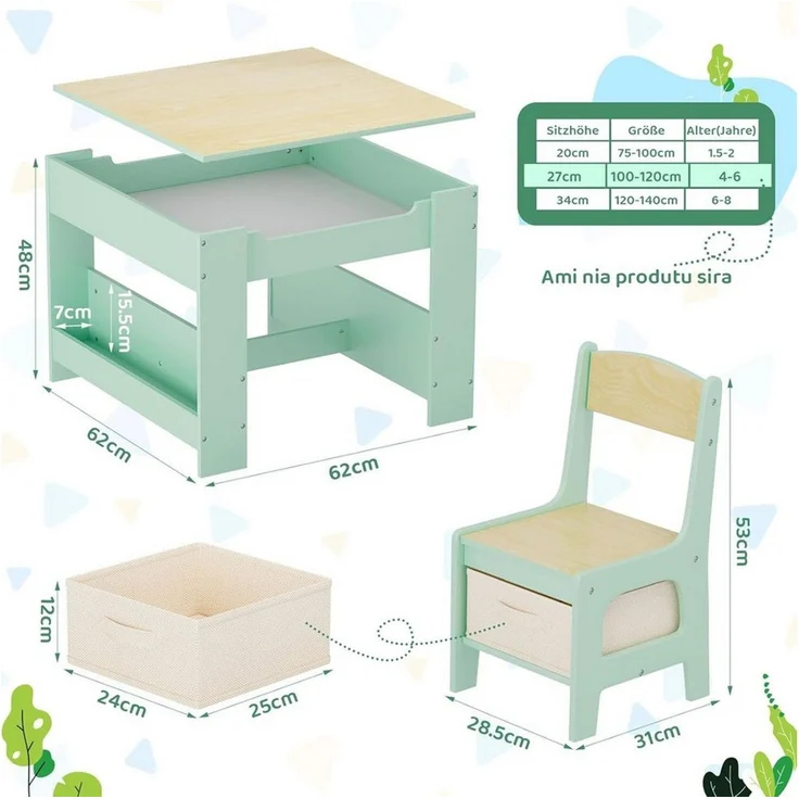 TLGREEN Kindersitzgruppe 3-in-1 Multifunktional mit Whiteboard & Kreidetafel, (Maltisch & Schreibtisch mit Großen Stauraum & Buchständer, Spieltisch für Lego Kinderzimmer), Klappbar, Sicher, für Jungen Mädchen ab 3-6 Jahren – Bild 2