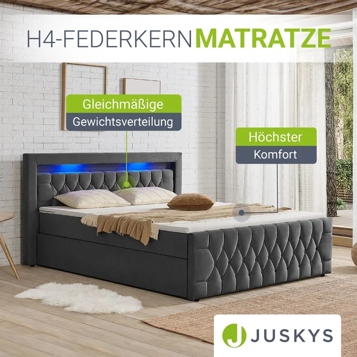 Juskys Boxspringbett Leona 180x200 cm - Bett mit LED Beleuchtung, Topper & H4 Federkern Matratzen - Doppelbett Grau mit Samt und Steppung – Bild 5