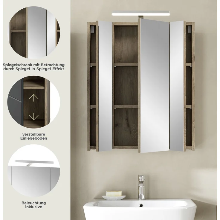 Spiegelschrank inkl. Beleuchtung (B/H/T: 60x70x18 cm) in schwarz matt und Nox Oak Nachbildung – Bild 7