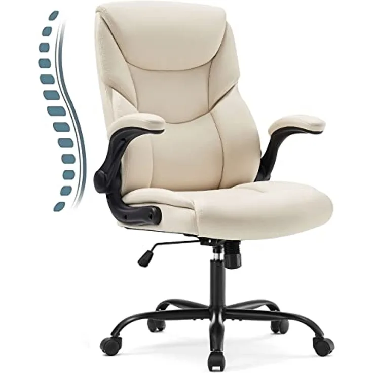 Sweetcrispy Bürostuhl, Ergonomisches Pu-Leder Chefsessel, mit Hochklappbaren Armlehnen, Bürostuhl Leder mit Drehbaren Rädern, Geeignet für Büros, Zuhause und Andere Umgebungen (Weiß)