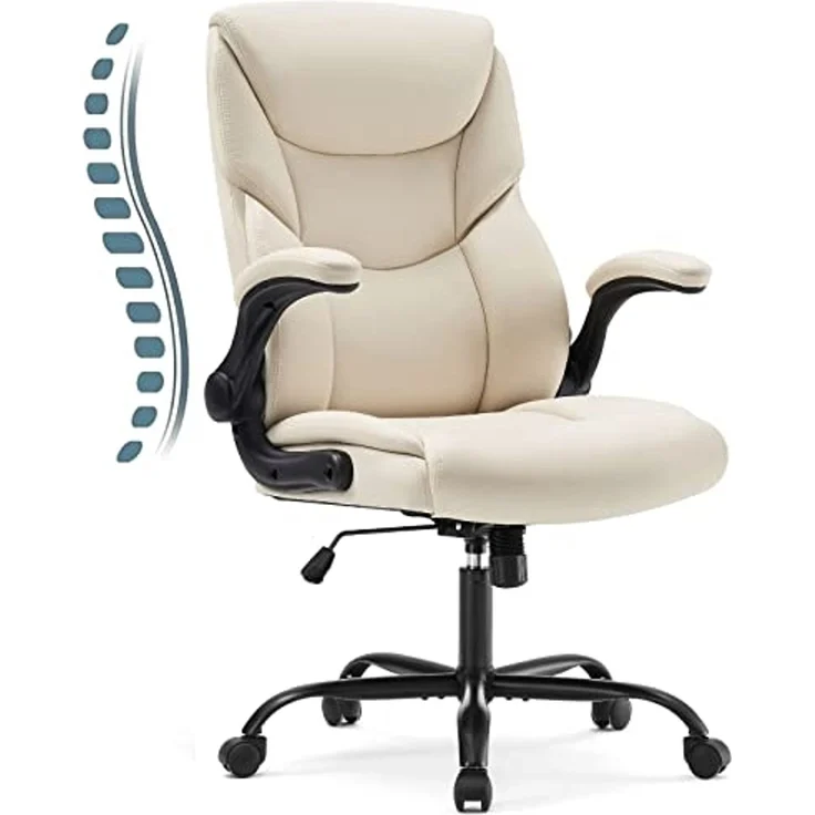 Sweetcrispy Bürostuhl, Ergonomisches Pu-Leder Chefsessel, mit Hochklappbaren Armlehnen, Bürostuhl Leder mit Drehbaren Rädern, Geeignet für Büros, Zuhause und Andere Umgebungen (Weiß) – Bild 1
