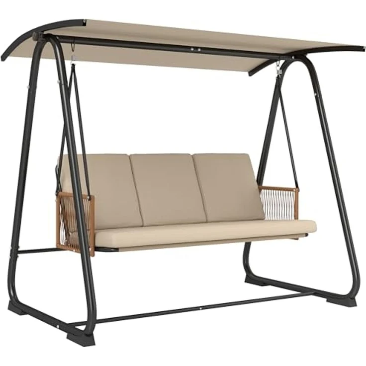 Outsunny Hollywoodschaukel mit verstellbar Sonnendach, abnehmbar Sitzauflage, 3-Sitzer, verstellbares Dach, Gartenschaukel, 1 tlg, Schaukelbank, 203 x 121 x 165 cm Sand – Bild 1