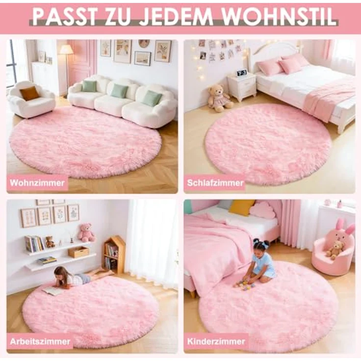 ROHATIM Teppich Schlafzimmer Rund 150 cm Rosa Waschbar Rutschfester Runder Hochflorteppich Wohnzimmer Kinderzimmer Mädchen Flauschig – Bild 5