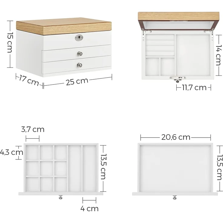 Songmics Schmuckkästchen mit großem Spiegel, abschließbar, MDF weiß-holzfarben, 15 x 17 x 25 cm – Bild 6