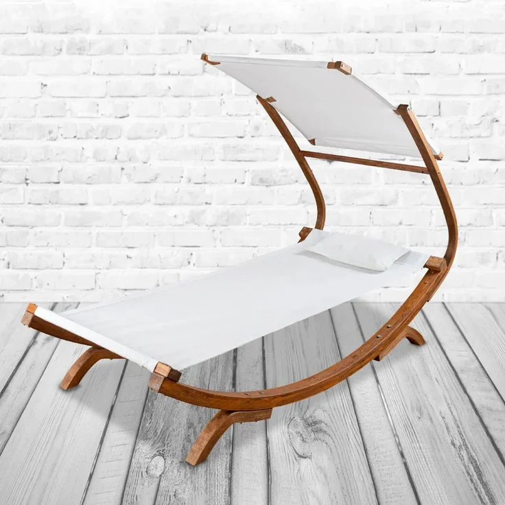 PureHaven Loungebett mit Sonnendach, 220x84x135cm für 1 Person, massiver Fichtenholzrahmen, witterungsbeständig, Farbe Creme