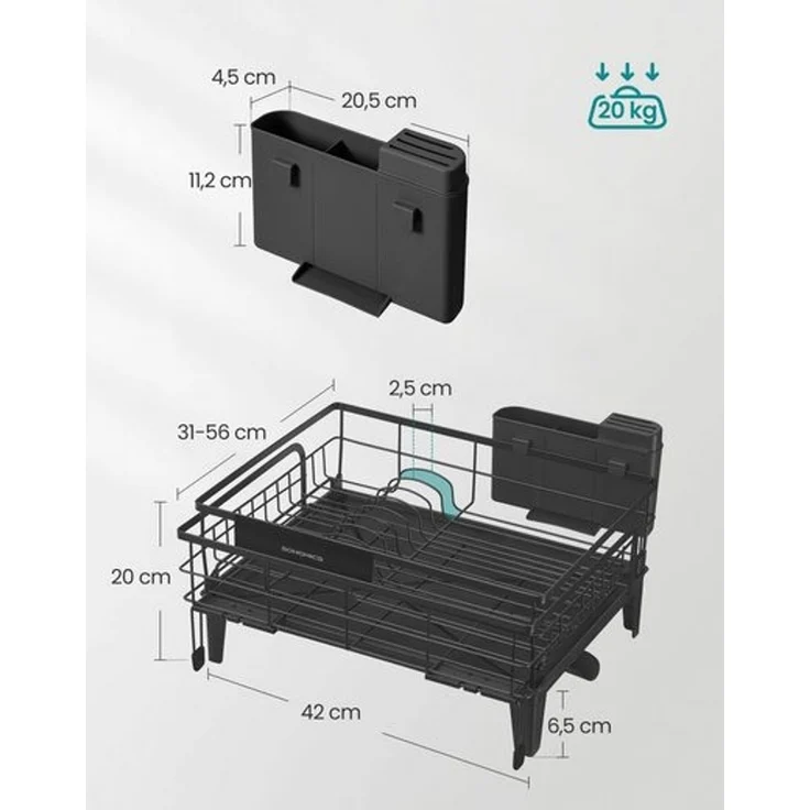 SONGMICS Abtropfgestell Geschirr, ausziehbarer Geschirr-Abtropfständer, wasserabsorbierende Silikonmatte, 360° drehbarer und ausziehbarer Ablauf, (31-56) x 42 x 20 cm, tintenschwarz – Bild 5