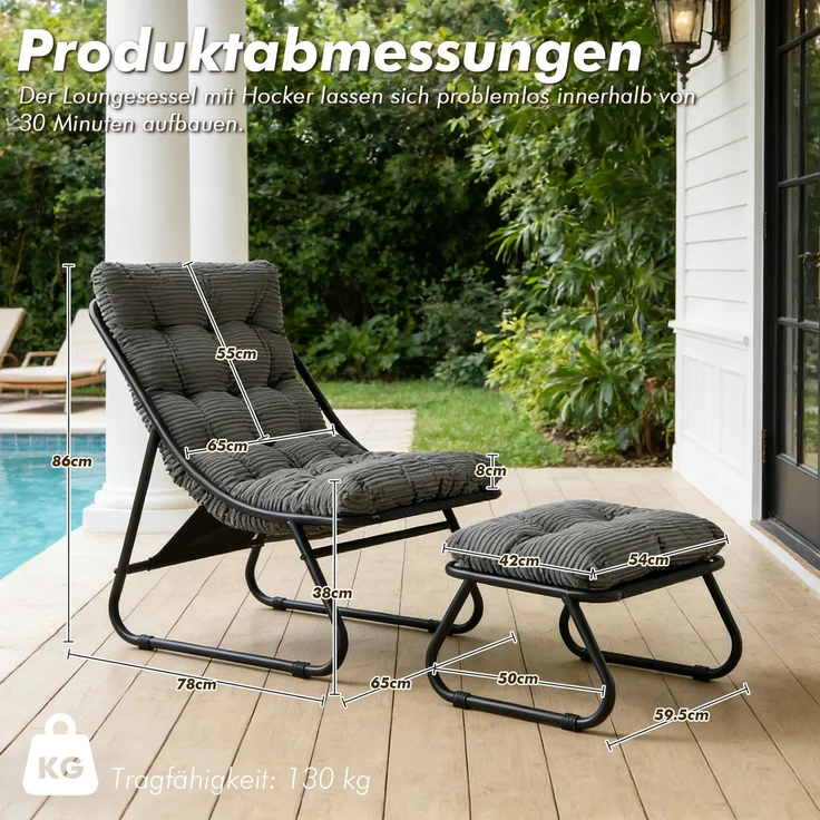 LVHOM Sessel mit Hocker, Gepolsterter Loungesessel aus Cord mit Metallgestell, ergonomischer Relaxsessel für Wohnzimmer und Schlafzimmer, Grau – Bild 5
