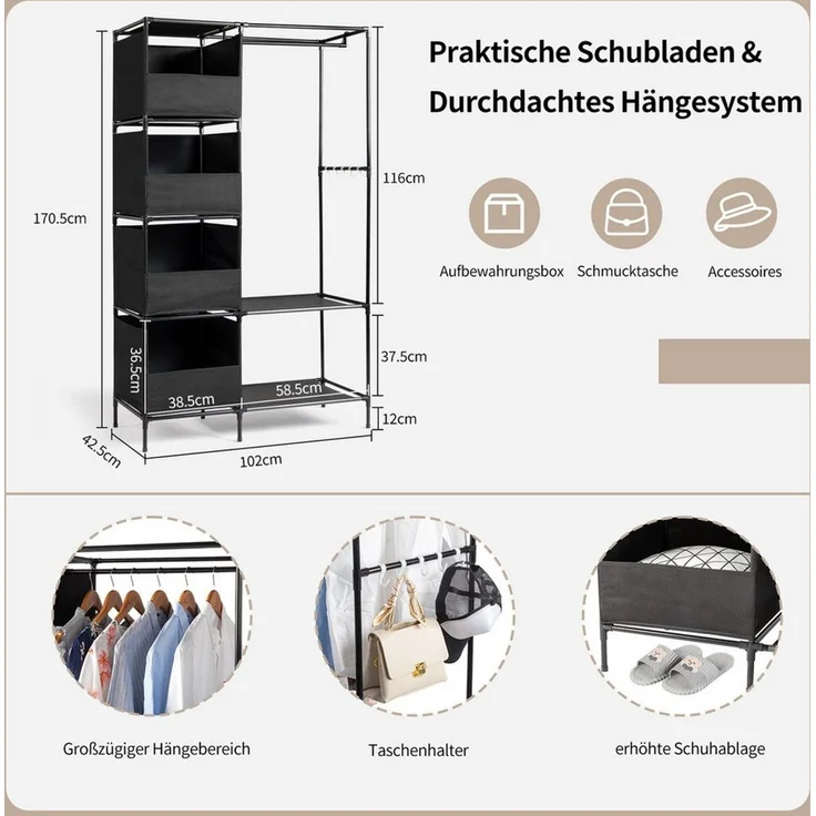 HT Stoffschrank Kleiderschrank aus Vliesstoff, 170x102x42,5cm 4-stufiger zweireihiger Hängeschrank mit Vorhängen und Ablagefächern – Bild 2