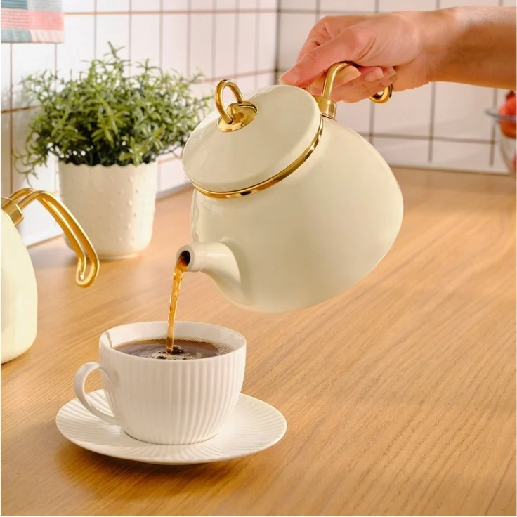 Karaca Teekanne Retro Emaille Teekannen Set, Creme Induktionsgeeignet – Bild 3