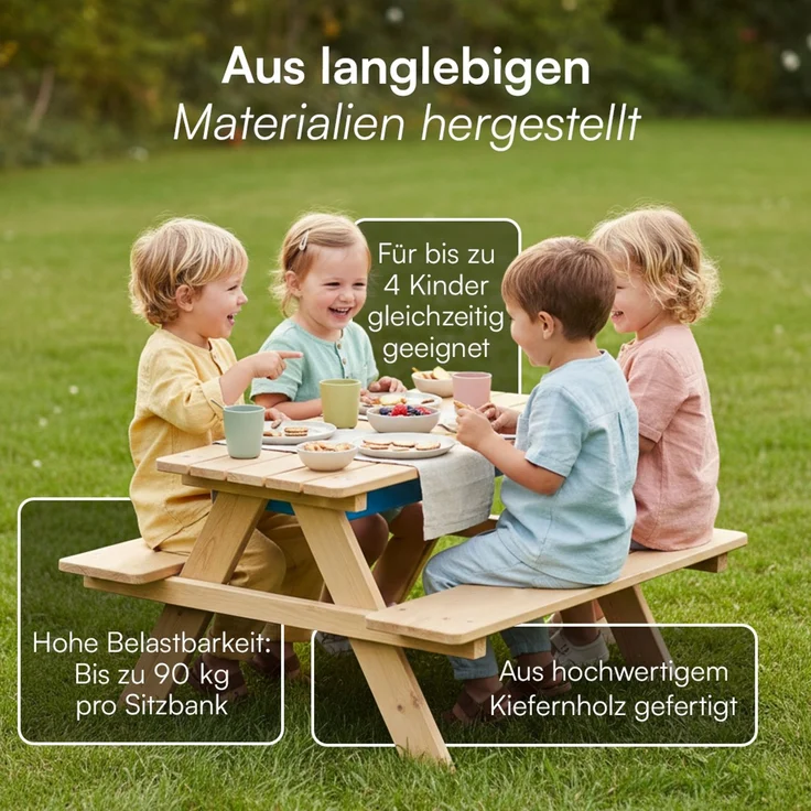 Bellabino 'Inny' Sitzgarnitur für Kinder, Kiefer massiv, natur unbehandelt, 50x89x80 cm, Kindersitzgarnitur für 4 Personen, Matschtisch mit 2 Wannen, ab 2 Jahren – Bild 2