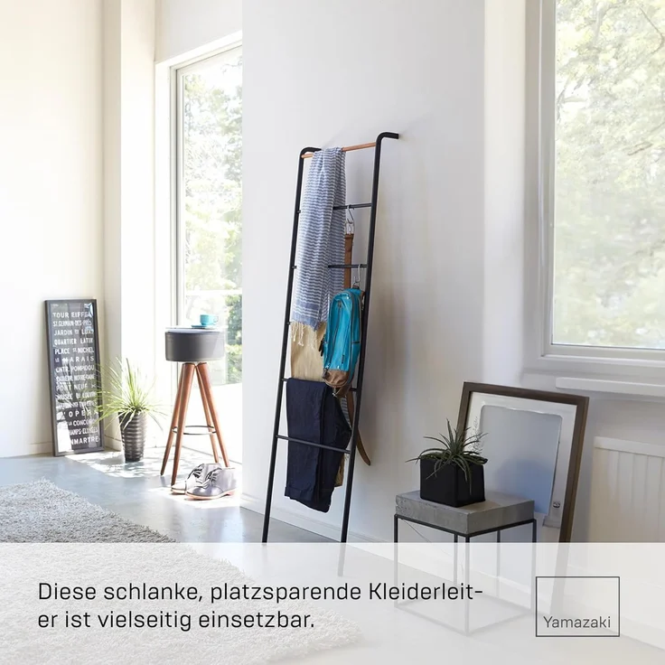 Yamazaki Garderobenständer "Tower" Kleiderständer 45x162cm, Handtuchhalter, Universalständer, zum Anlehnen, schwarz Metall – Bild 2