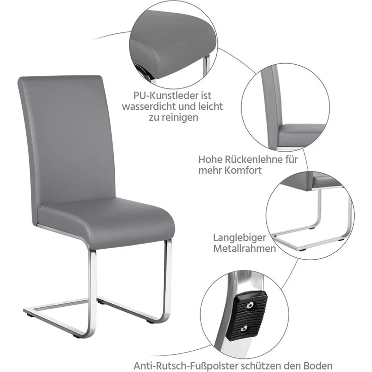 Yaheetech 2er-Set Freischwinger, Kunstleder, Hellgrau, 41,5 x 55 x 103 cm – Bild 5