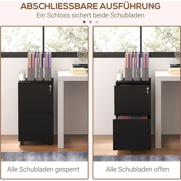 Vinsetto Rollcontainer Aktenschrank mit 2 Schubladen Druckschrank mit Rollen, (Büroschrank, 1 St, Bürocontainer), Stahl, 37 x 43,5 x 67,5 cm – Bild 6