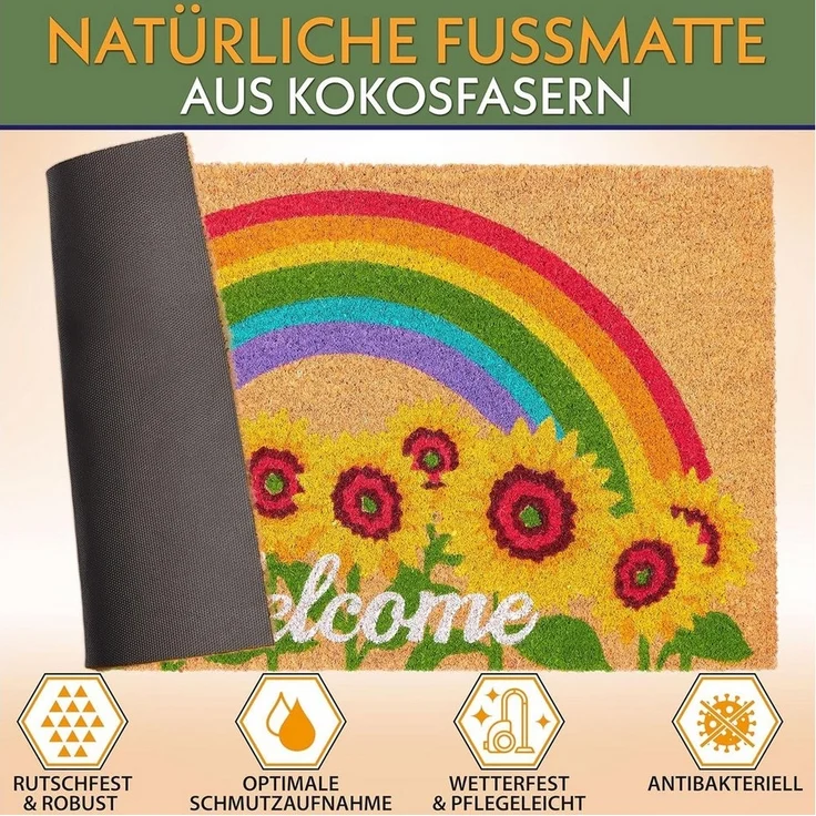 BRUBAKER Fußmatte Welcome Schriftzug mit Sonnenblumen und Regenbogen - Schmutzfangmatte, Rechteckig, Höhe: 15 mm, Türmatte für Außen und Innen - Wetterfest und Rutschfest - 45 x 75 cm – Bild 2
