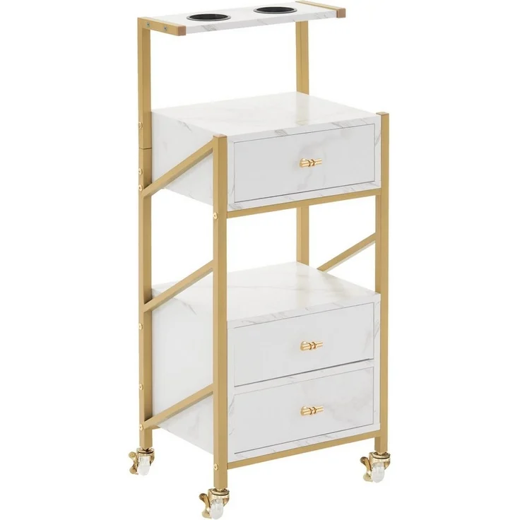 MCombo Servierwagen M MCombo Friseurwagen mit 3 Schubladen, Servierwagen, Rollwagen, 0048, mit Ablagen, Föhnhalter, Salon Trolley, Weiß-Gold – Bild 1