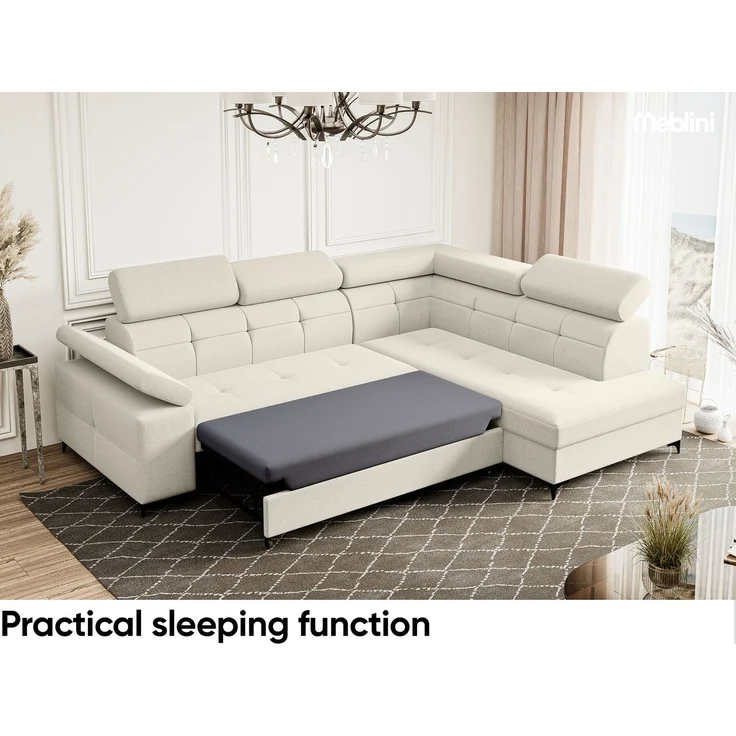 MEBLINI Schlafcouch mit Bettkasten - Ecksofa mit Schlaffunktion - Sofa mit Relaxfunktion - Couch L-Form - Eckcouch - Wohnlandschaft - BERGAMO - 274 x 203 x 83 cm Rechts - Creme Samt Modesto – Bild 5