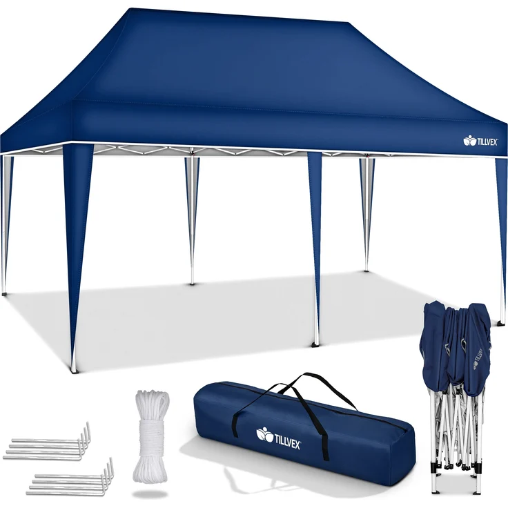 tillvex Pavillon 3x6m Blau wasserdicht | Pop-Up Faltpavillon höhenverstellbar | Gartenzelt UV Schutz 50+ | Partyzelt mit Tasche für Garten – Bild 6