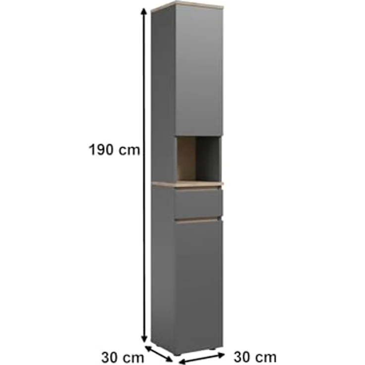 moebel-dich-auf Hochschrank LONDRES (Hochschrank mit Türen, Schublade und offenem Fach, B/H/T: 30/190/30 cm) in kaschmir oder anthrazit, Absetzung: Cremona Eiche – Bild 2