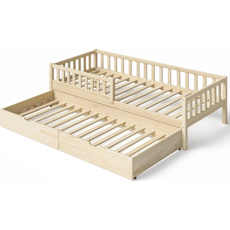 Bellabino 'Vils' Kinderbett 90x200 cm mit Gästebett 90x190 cm, natur, Kiefer Massivholz, Montessori Bett mit Ausziehbett, mit abnehmbarem Rausfallschutz und Lattenrost – Bild 12