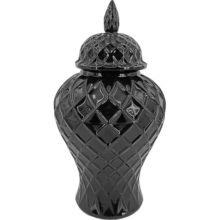 Casa Padrino Luxus Deko Vase Schwarz Hochglanz Ø 22 x H. 41 cm - Vase mit Deckel und Rautenrelief