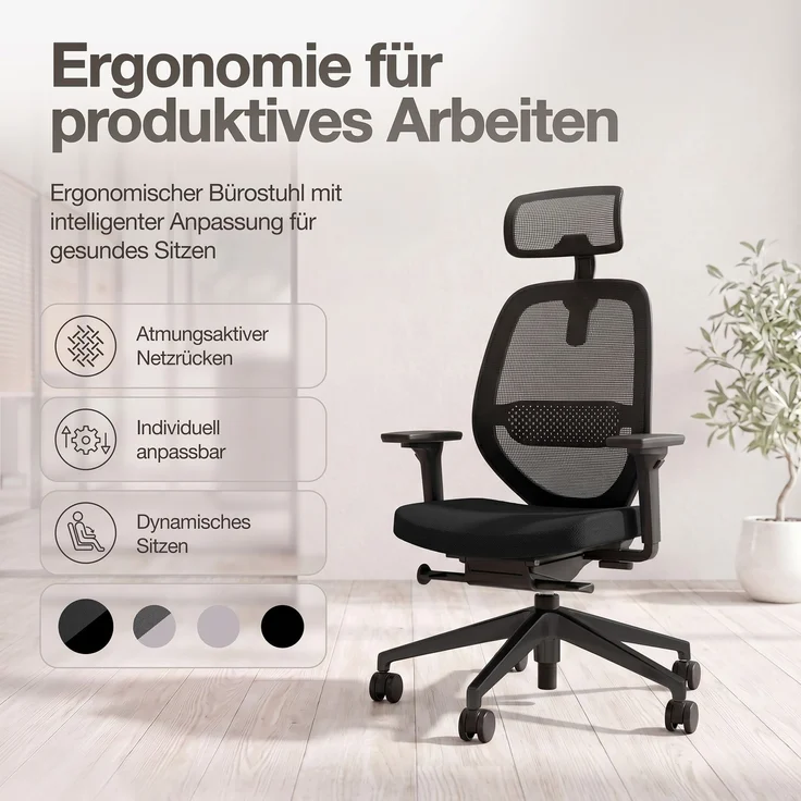 ASSMANN Ergonomischer Bürostuhl Atessa mit Netzrücken und Kopfstütze Schwarz 63x53x121cm Textil – Bild 2