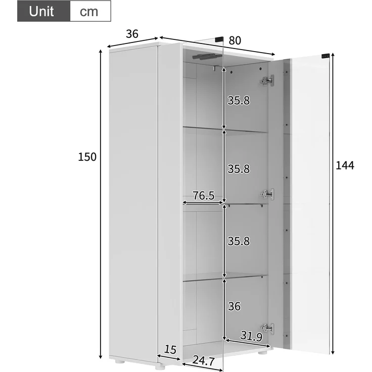 Merax Vitrinenschrank mit 2 Glastüren, 4 Ablageflächen und verstellbarer LED-Beleuchtung – modernes Design für Wohnzimmer, Weiß, 80×36×150.5cm – Bild 4