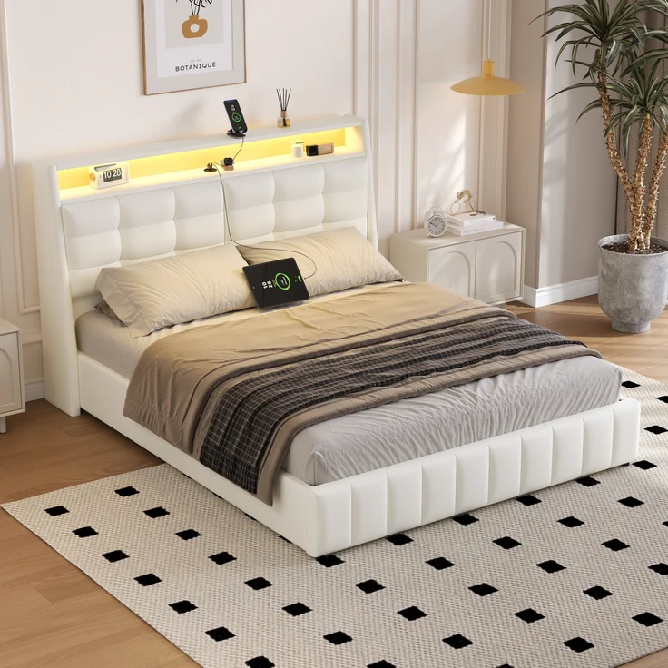 Gepolstertes Plattformbett, LED-Licht USB-Anschluss Stauraum unter dem Bett verstellbare Kopfteilkissen, Polsterstoff, Weiß, 160 x 200 cm – Bild 3