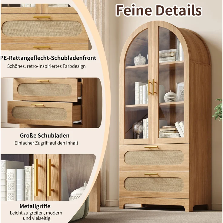 Vitrine 80x40x175 cm mit Glastüren, 3 verstellbaren Einlegeböden und 2 Schubladen – Bild 9