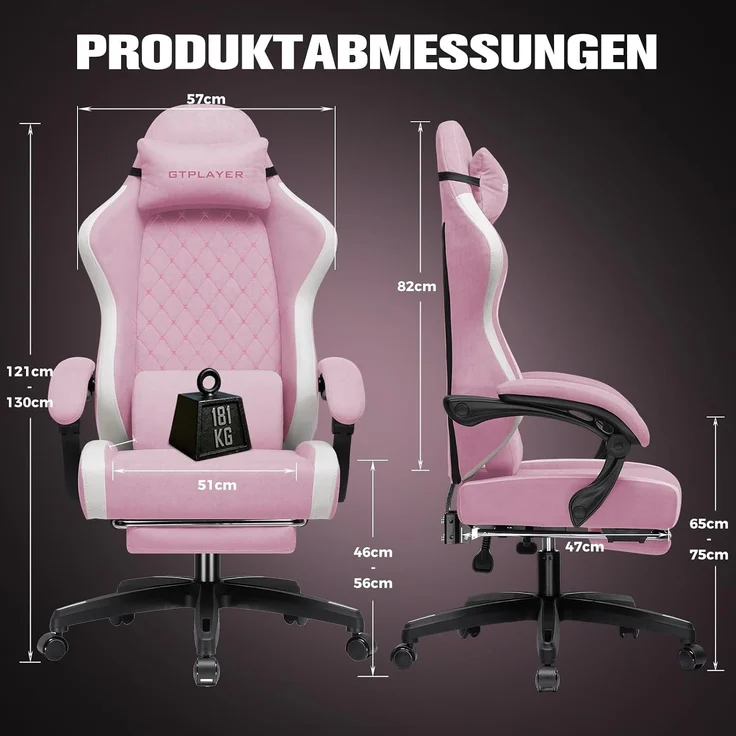 GTPLAYER Gaming Stuhl Ergonomischer, PC Stuhl Atmungsaktiver Stoff, Groß und Hoch Drehbarer Schreibtischstuhl mit Fußstütze,Verstellbare Lendenwirbelstütze und Kopfstütze,Rosa – Bild 3