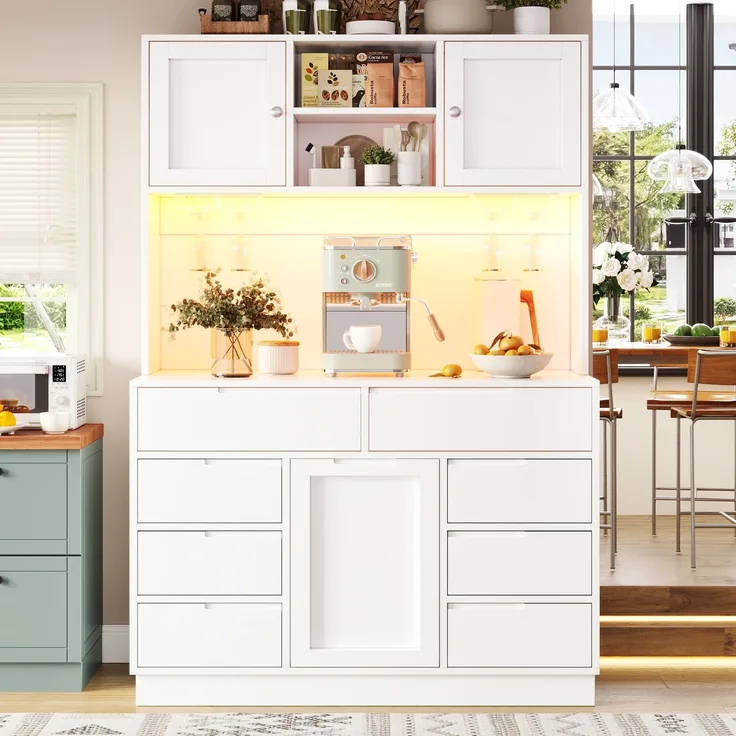 Merax 183.5cm Hochschrank, Küchenschrank mit Smart LED Beleuchtung, Hochschränke fürs Wohnzimmer, USB Ladeanschluss, 8 Schubladen, Magnetverschluss, Höhenverstellbaren Böden, Weiß