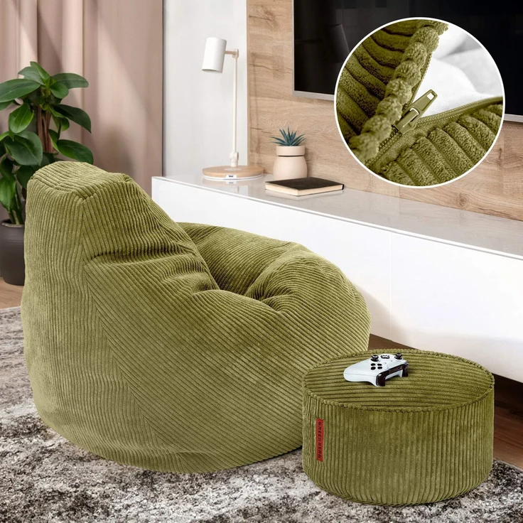 Green Bean® Sitzsack mit Hocker aus Cord - Sitzsäcke für das Wohnzimmer, Schlafzimmer, Sitzsack-Sessel für Erwachsene Grün – Bild 3