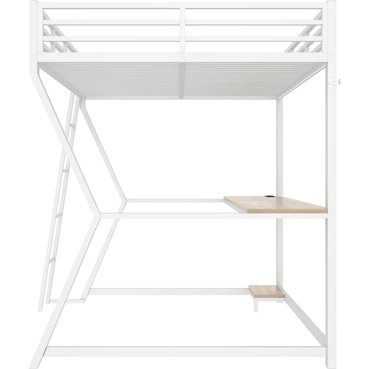 Hochbett, 140*200cm , Mit LED-Leuchten, Computerkonsolenablage, Schreibtisch, Steckdose+USB, Geländer, Treppe, ohne Matratze, Weiß – Bild 10