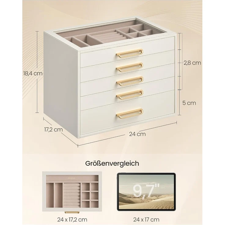 SONGMICS Schmuckkästchen aus Holz mit Glasdeckel, Schmuck Organizer mit 5 Ebenen, 24 x 17,2 x 18,4 cm, Weiß – Bild 5