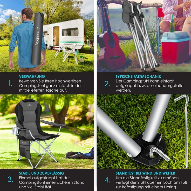KESSER® Campingstuhl faltbar bis 150 kg Angelstuhl Faltstuhl Klappstuhl Gepolstert mit Armlehnen, Getränkehalter + Tasche mit hoher Rückenlehne, Strandstuhl, Klapphocker Anthrazit / Schwarz – Bild 4