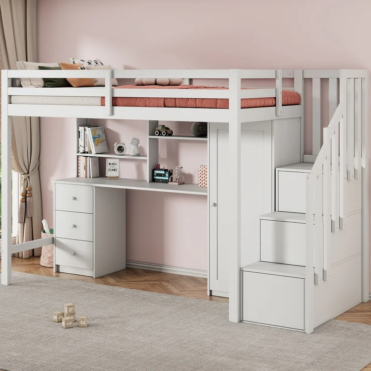 Merax Hochbett Etagenbett 90*200cm Kinderbett mit Schreibtisch und Kleiderschrank, Treppe, multifunktionales Kinderetagenbett, ausgestattet mit Schubladen und Treppenschrank, weiß – Bild 3