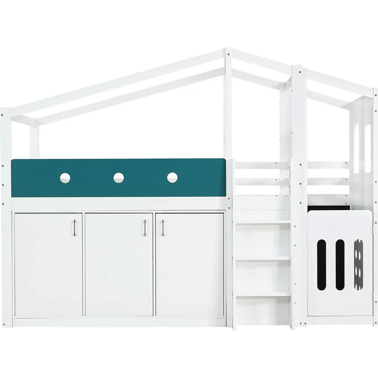 Halbhohes Kinderbett 90x200 cm in Hausform mit Spielbereich und Stauraumschrank – weiß – Bild 7