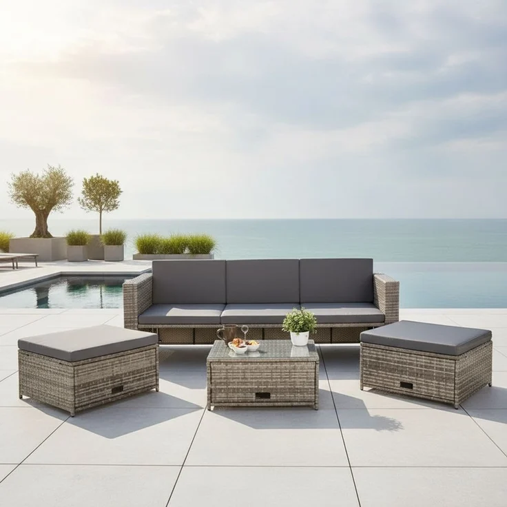 Gartenmöbel 6tlg. Grau Sitzgruppe Sofa Lounge Polyrattan Essgarnitur Sitzkissen – Bild 13