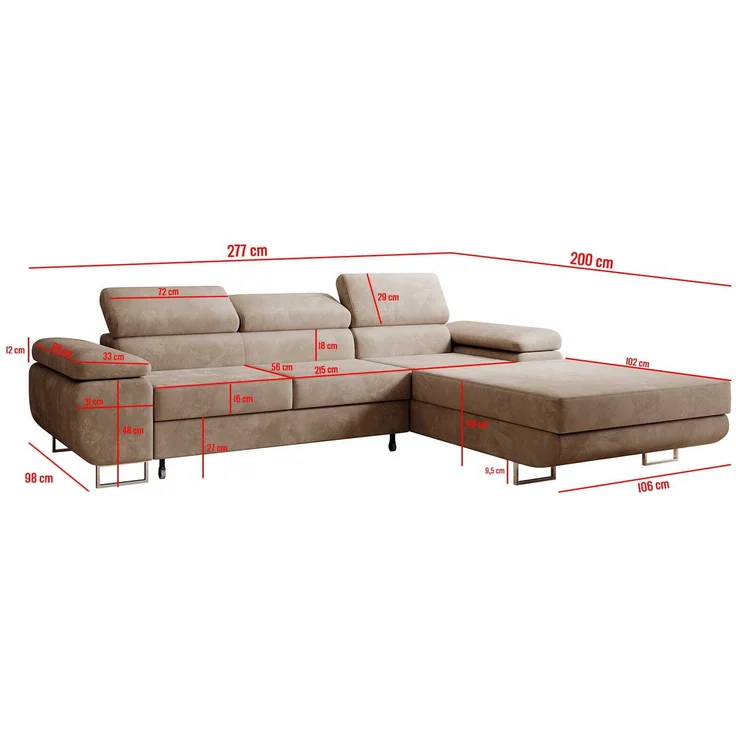 Ecksofa in L-Form PRESTO, L-förmige Eckcouch mit Schlaffunktion, ausziehbares Sofa, Bettzeugbehälter, Eckcouch, verstellbare Kopfstützen (Monolith 09), 72x201 cm – Bild 3