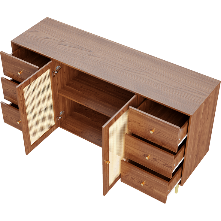 Sideboard Holzoptik, 160x40x90 cm mit Rattantüren & 6 Schubladen – Bild 8