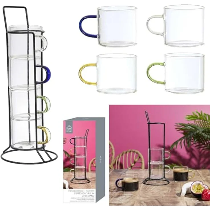 HOME DECO FACTORY, KA0498, Glass Espresso Cup with Holder, modern and elegant Design, ideal for Coffee, Tea and Desserts, Easy to clean, Set of 4, transparent, Multi-Colored, 80ml – Bild 4