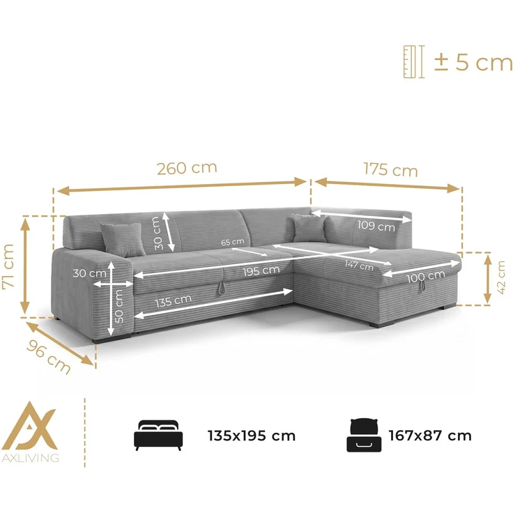 AX LIVING Couch für Wohnzimmer Lucera 260 cm Beige Schlafsofa R – Bild 5