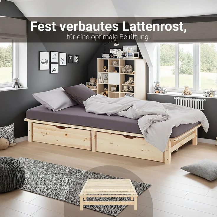 Holzbett 100x200 mit Bettkasten 2er Set Holzbettrahmen Palettenbett Einzelbett Bett Massiv Holz Jugendbett Gästebett Lattenrost – Bild 8