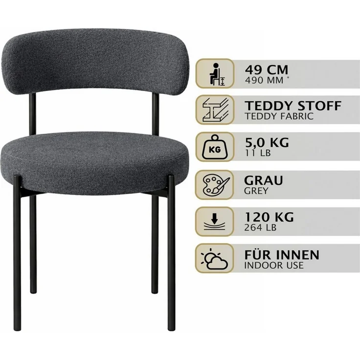HAGO Esszimmerstuhl 2er Set Küchenstühle Esszimmerstühle Teddy Stoff Rückenlehne rund – Bild 2