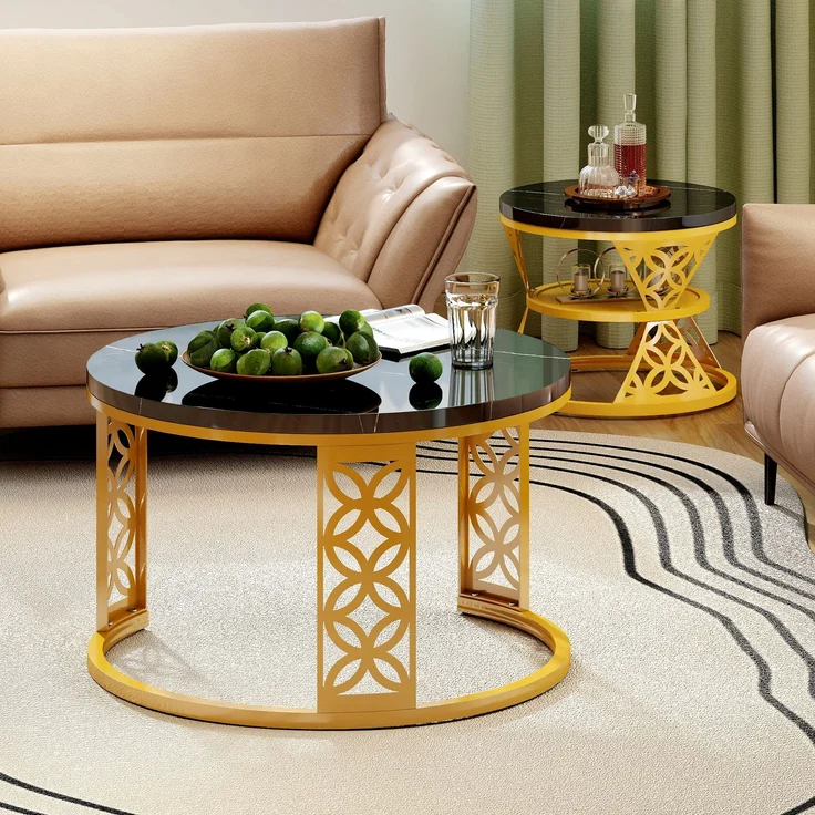 2er-Set Couchtisch nestbar 70x70x45 + 45x45x37 cm, Marmor-Furnier, Metallrahmen, Kontrastdesign – Bild 3
