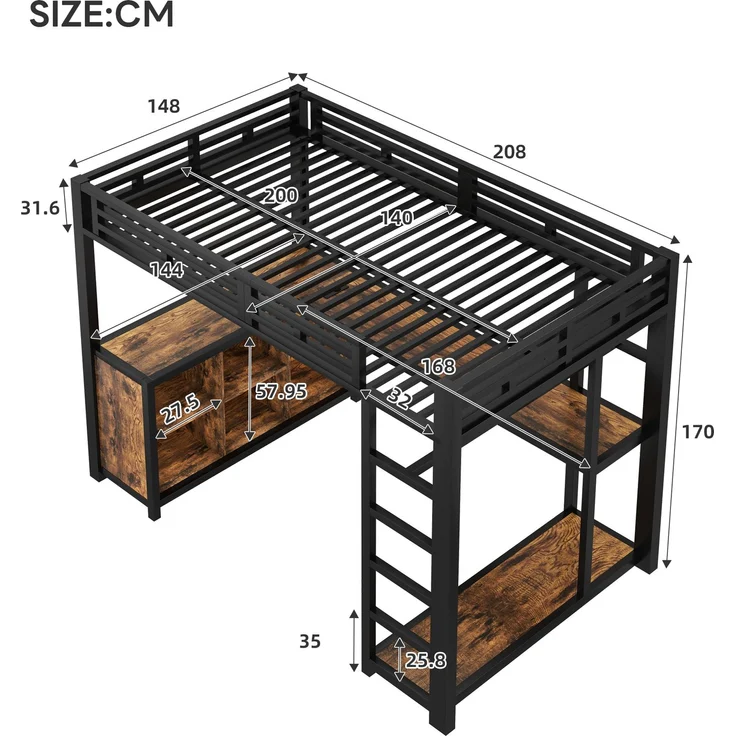 U-life Metall-Hochbett, Etagenbett, Loftbett, 140x200 cm, für Schlafzimmer, Jugendzimmer, kleine Wohnungen, mit integriertem Arbeitsbereich, LED-Beleuchtung, USB-Anschlüssen, viel Stauraum, offenem Kleiderschrank, sicherer Treppe, MDF + Metall, modern,... – Bild 4