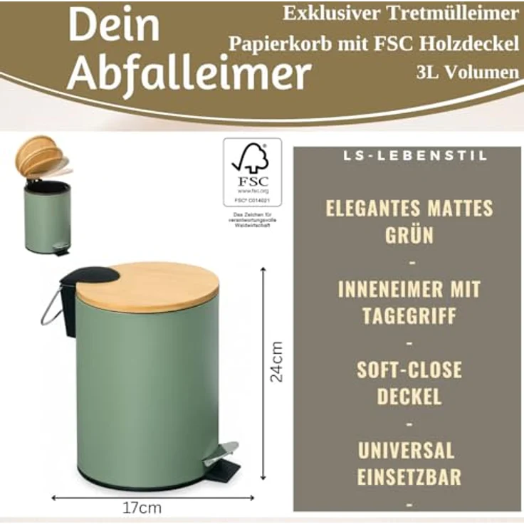LS-LebenStil Tretmülleimer 3L, Rund in Matt Grün mit Softclose Holz Deckel, Fußpedal Kosmetikeimer für Bad und Küche – Bild 2