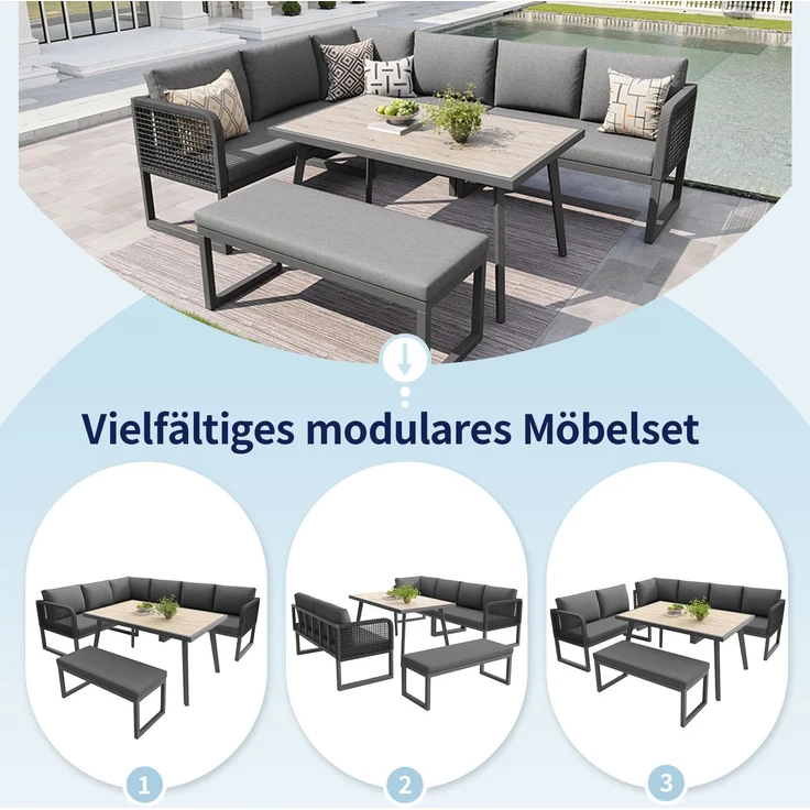 Merax Gartenmöbel Set mit Sitzkissen & Rückenkissen, Garten-Lounge-Set, Garten Loungesessel für 6-8 Personen, SetHandgeflochtene PE-Rattan Polstergruppe, Grau – Bild 7