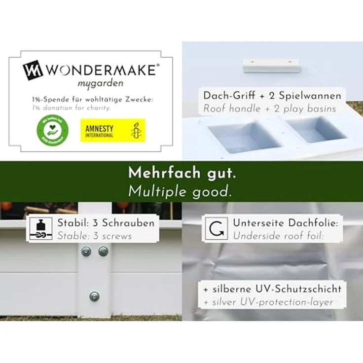 WONDERMAKE Sandkasten Holz mit Abdeckung, 2x Matschküche, 113x113 cm, quadratisch, weiß silber, wasserdicht, inkl. Boden-Vlies – Bild 2