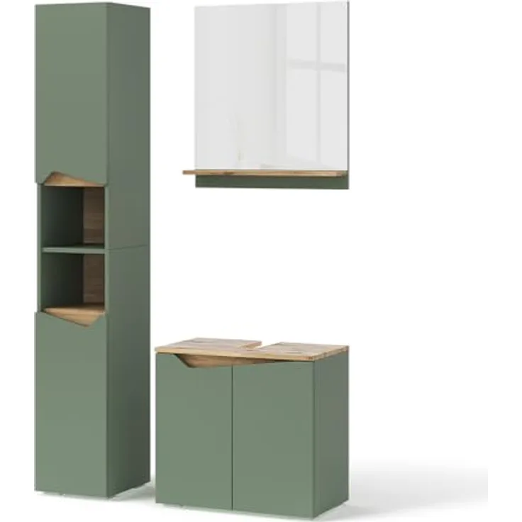 Vichy Badmöbelset Marelle, 3-teilig mit Hochschrank, Grün/Artisan, inklusive Badezimmer-Spiegel und Waschtischunterschrank