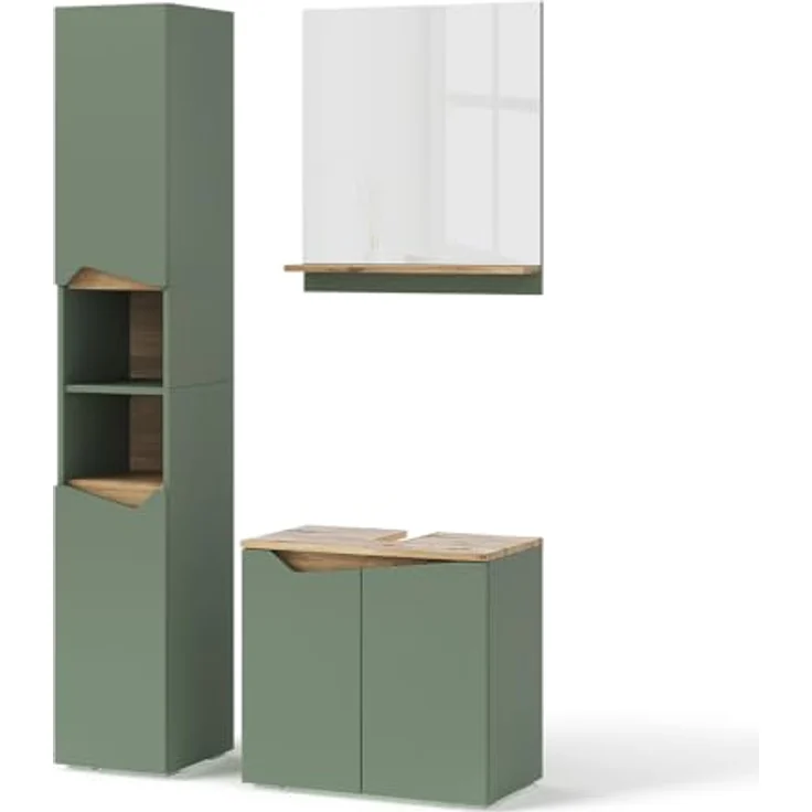 Vichy Badmöbelset Marelle, 3-teilig mit Hochschrank, Grün/Artisan, inklusive Badezimmer-Spiegel und Waschtischunterschrank – Bild 1
